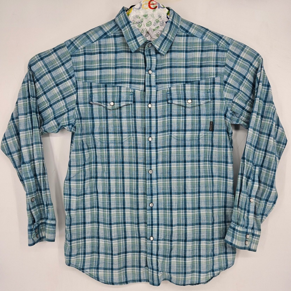 Columbia Shirt Mens Medium Blue Plaid Pearl Snap Outdoors Long‎ Sleeve Casual